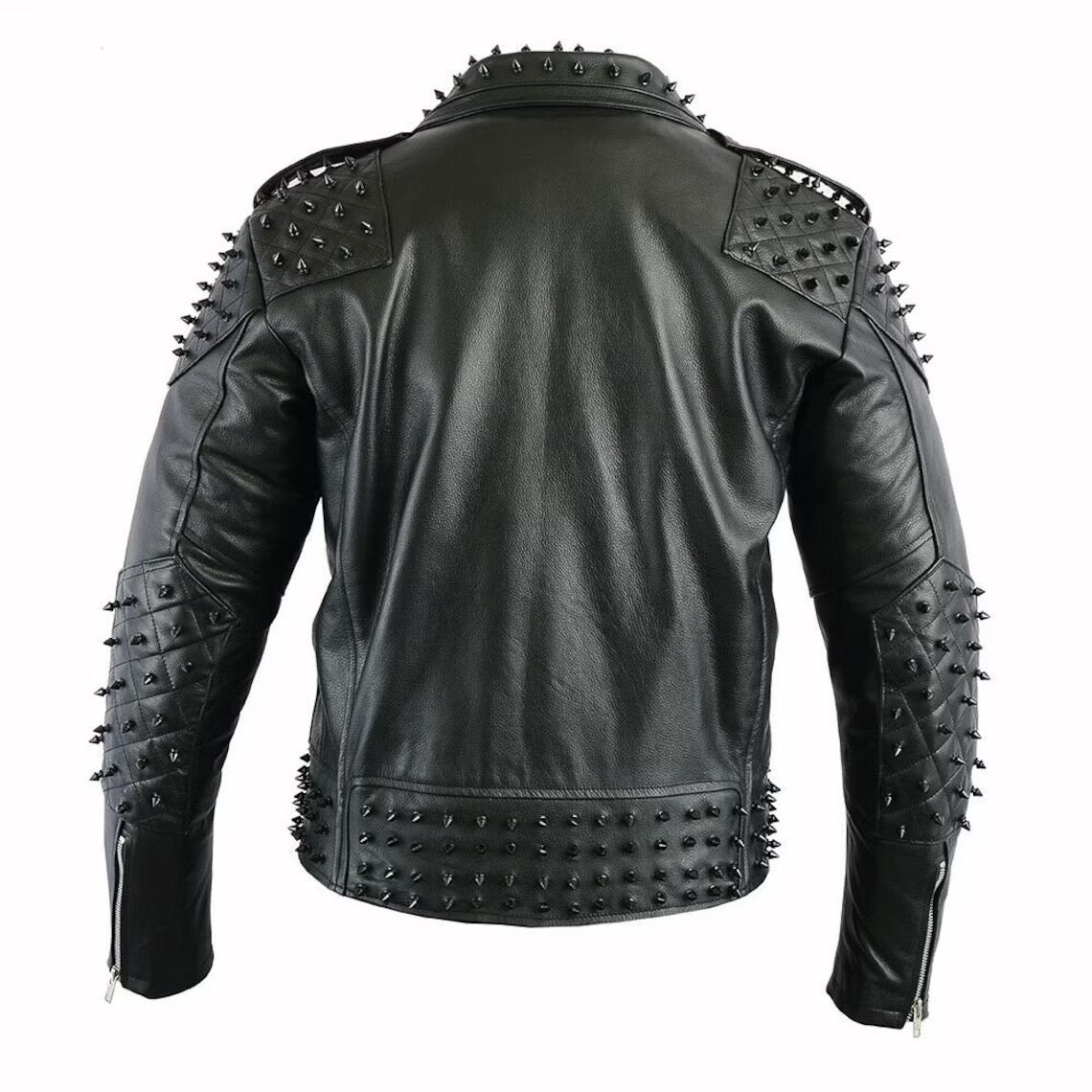 Men Black Punk Studded Biker Leather Jacket