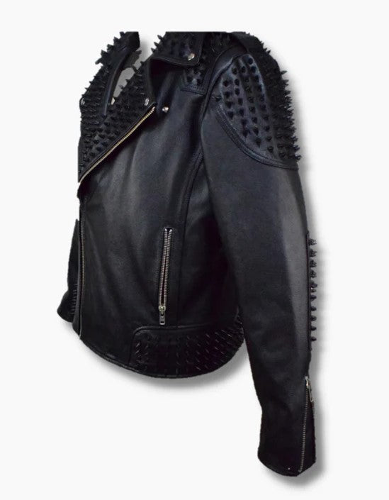 Men Black Punk Studded Biker Leather Jacket