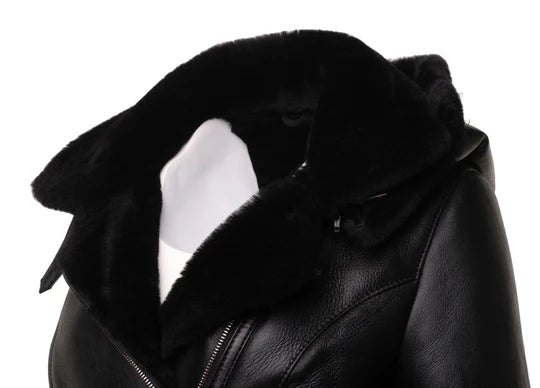 Sofie's black biker style sheepskin shearling jacket with hoodie