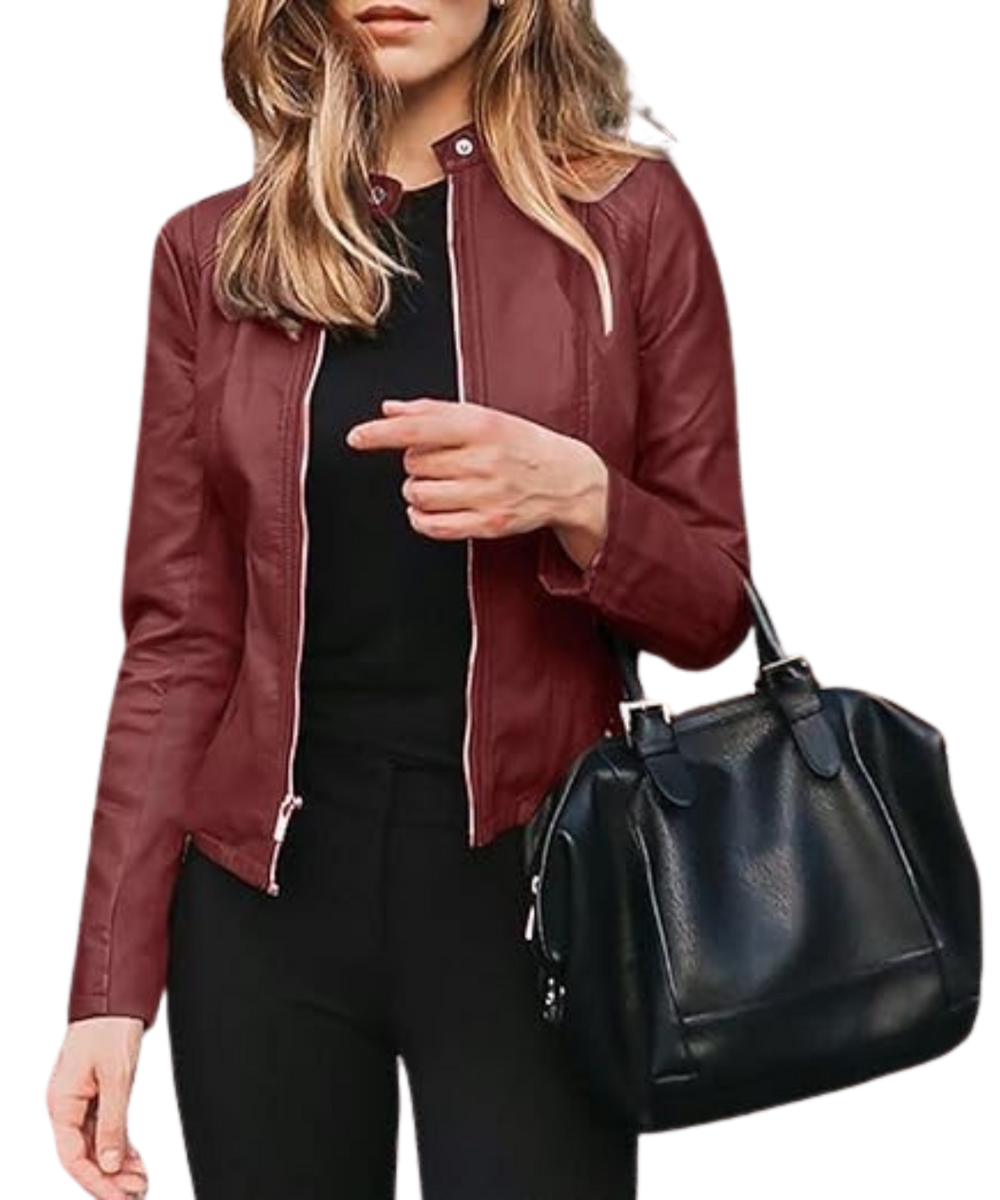 Women’s Chic Red Leather Jacket with Sleek Zipper Closure