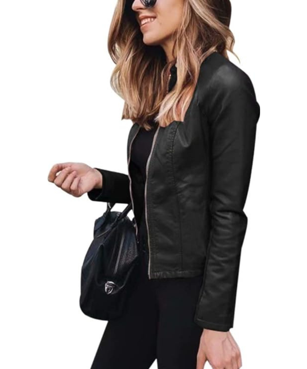 Women’s Chic Red Leather Jacket with Sleek Zipper Closure