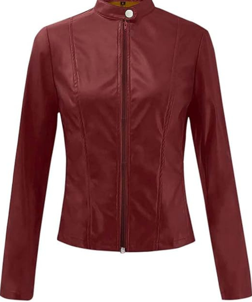 Women’s Chic Red Leather Jacket with Sleek Zipper Closure