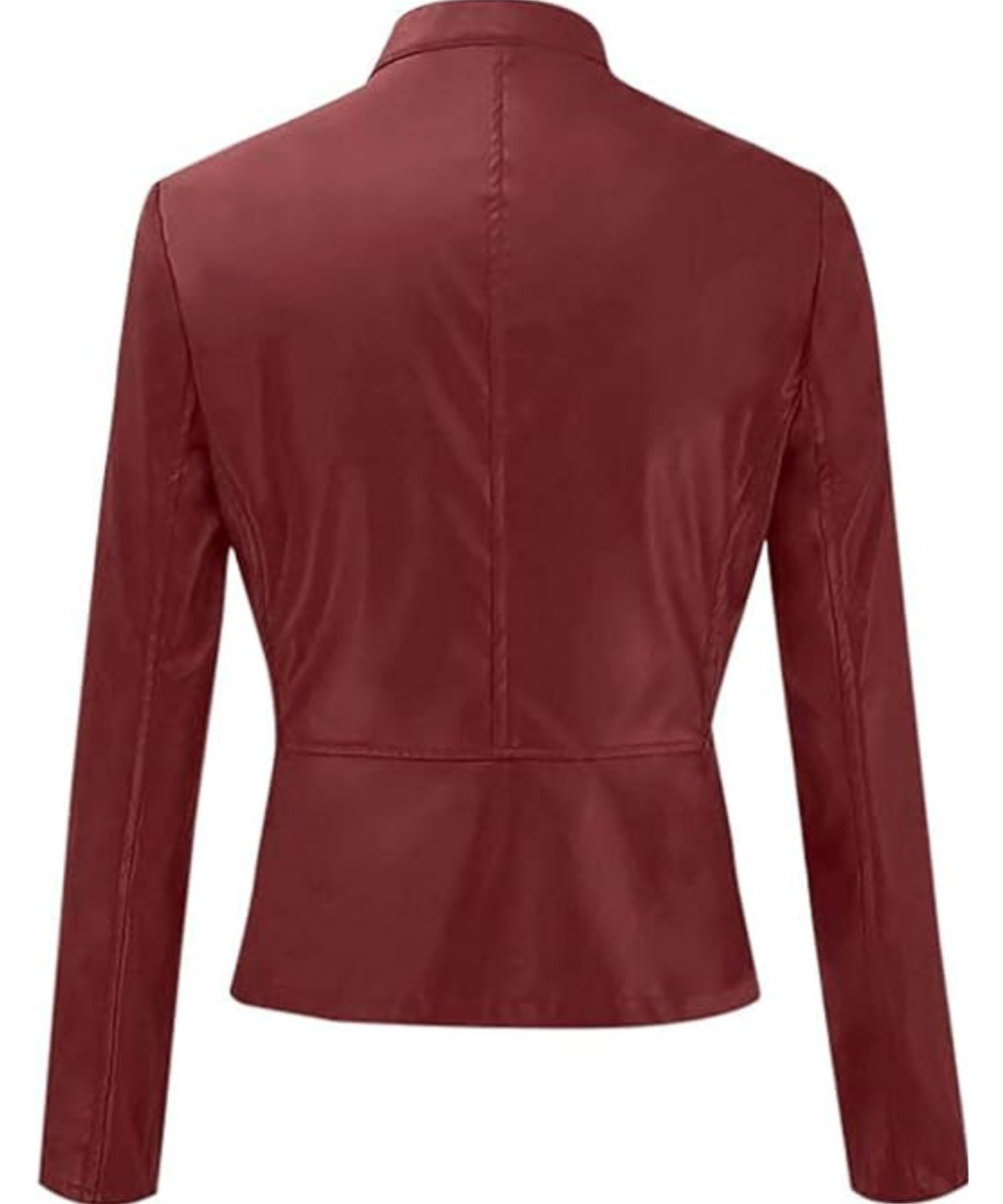 Women’s Chic Red Leather Jacket with Sleek Zipper Closure