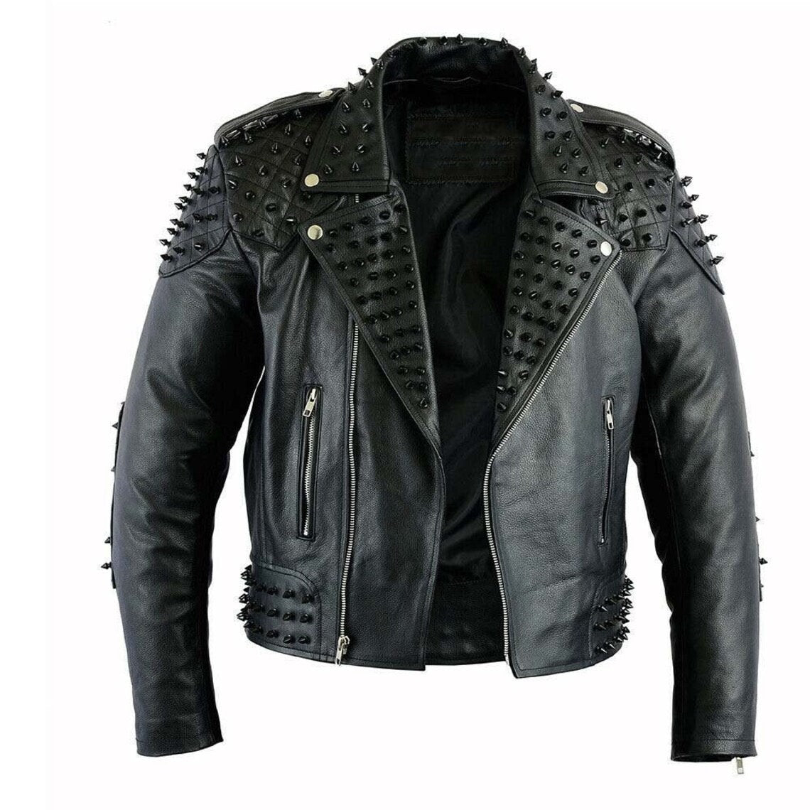 Men Black Punk Studded Biker Leather Jacket