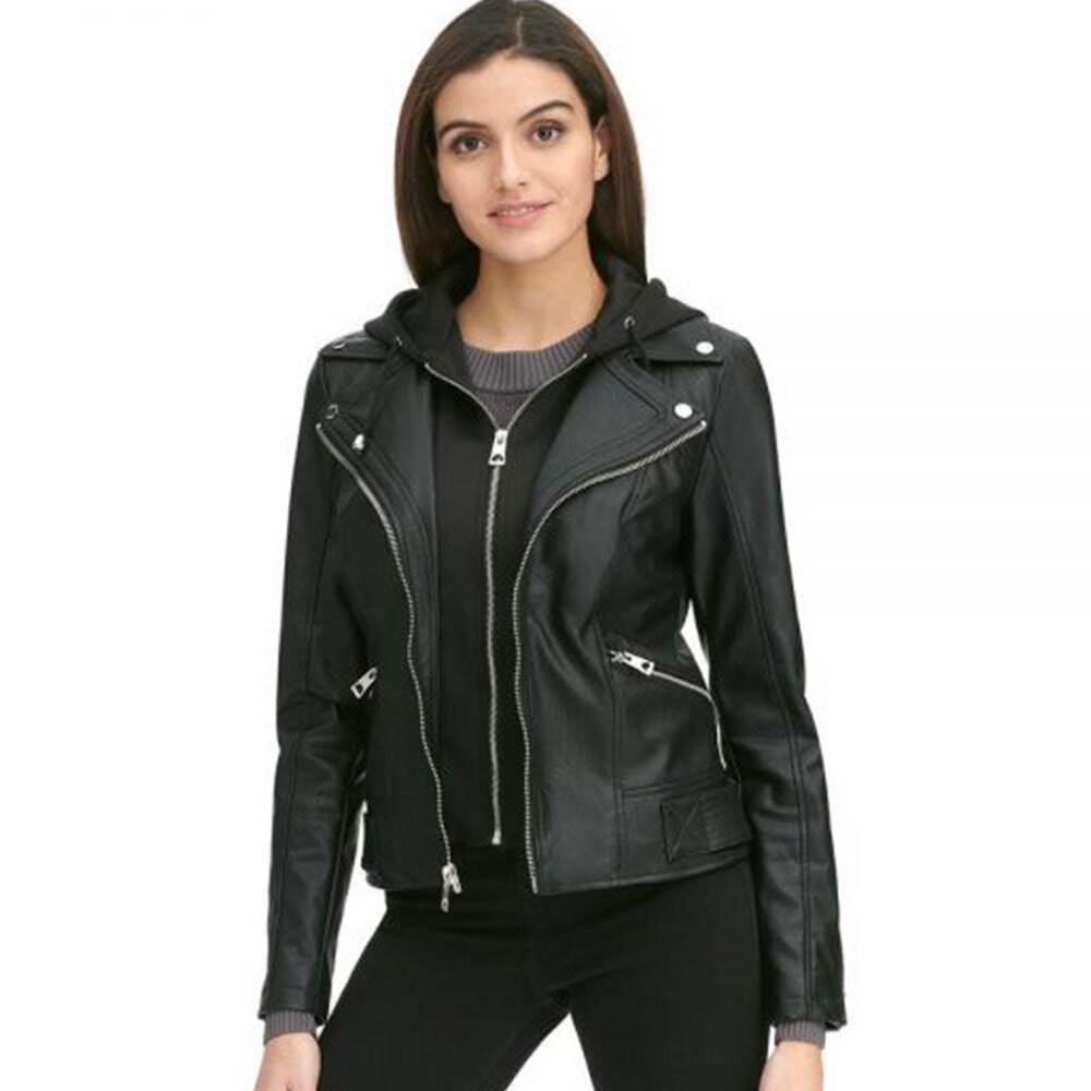 Hooded Stretch Leather Jacket